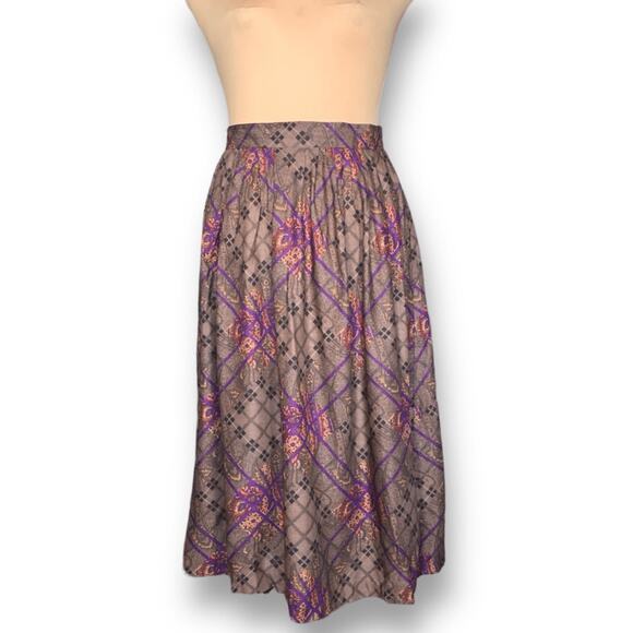 Vintage 90s Rayon Midi Skirt Taupe Purple Paisley Lattice Plaid Print High Waist - Picture 5 of 10